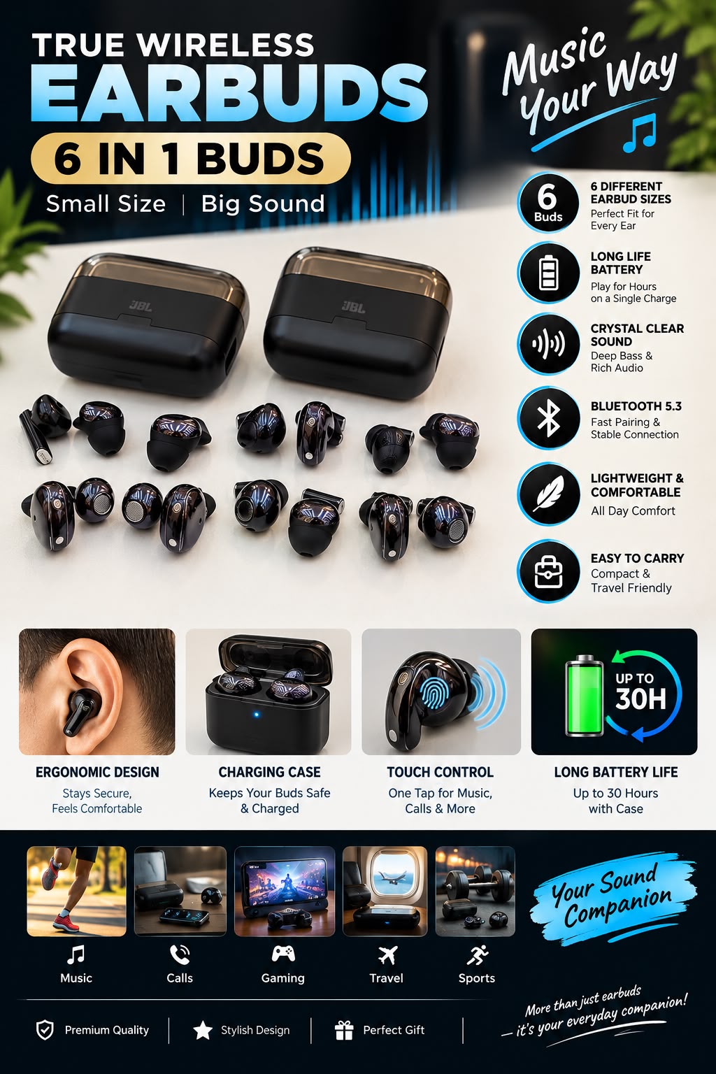 🔥 6-in-1 Wireless JBL Earbuds with Charging Case – Premium Sound & Long Battery Lif