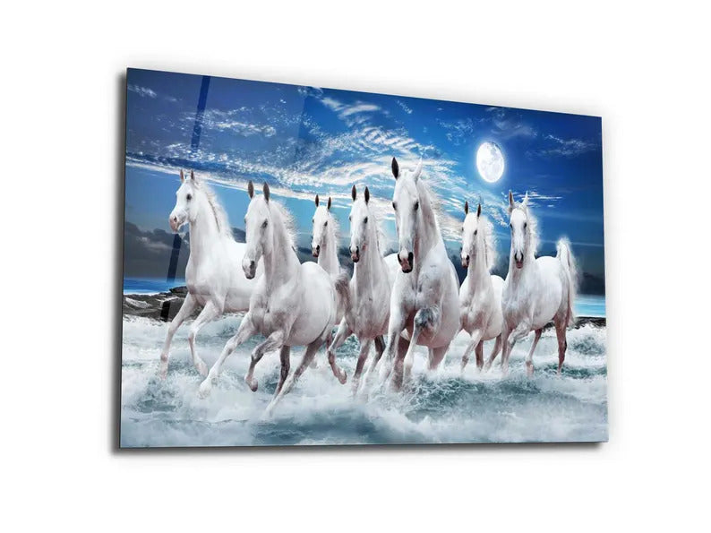 White Stallions - Lucky 7 running horses Vastu - Glass Wall Art -Housewarming Gift - Interior Design Ideas-