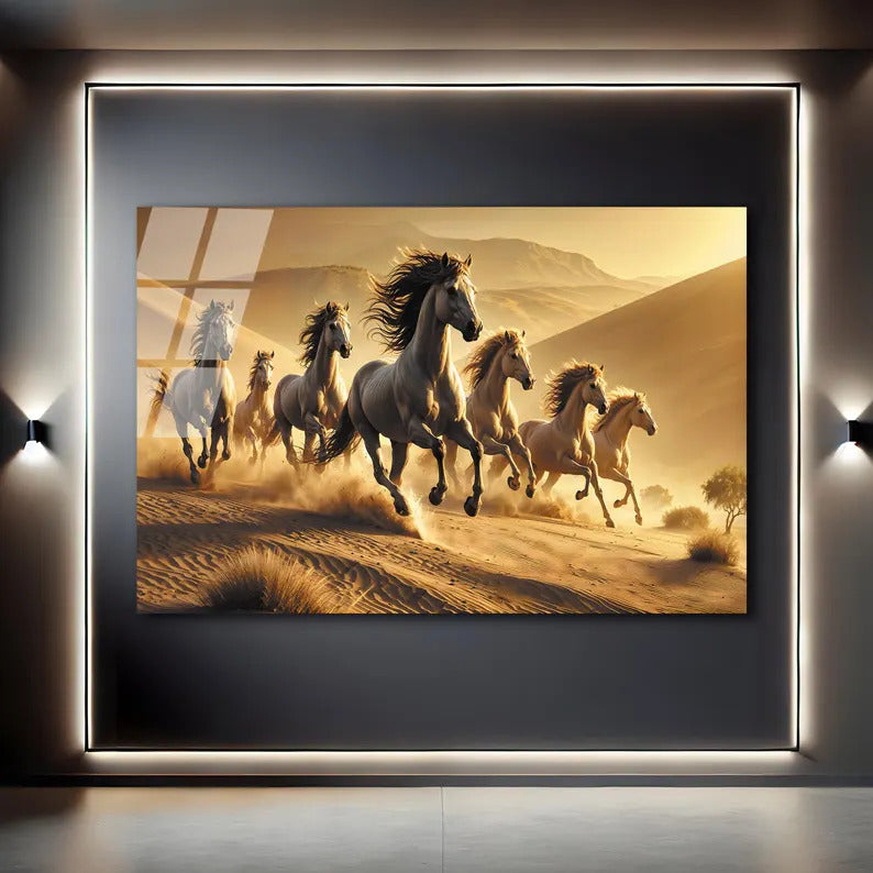 Lucky 7 Running Horses Glass Printing Wall Art - Tempered Glass Wall Art-Home Decoration-Interior Design Ideas-Perfect Gift For Your Lovers