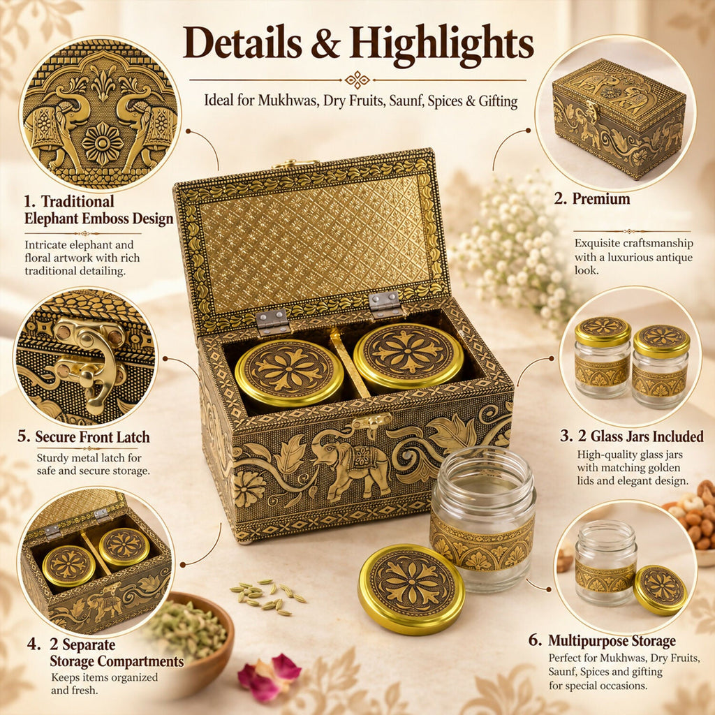 Antique Elephant Dry Fruit Box Set with Glass Jars for Premium Festive Gift Hamper