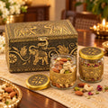 Antique Elephant Dry Fruit Box Set with Glass Jars for Premium Festive Gift Hamper