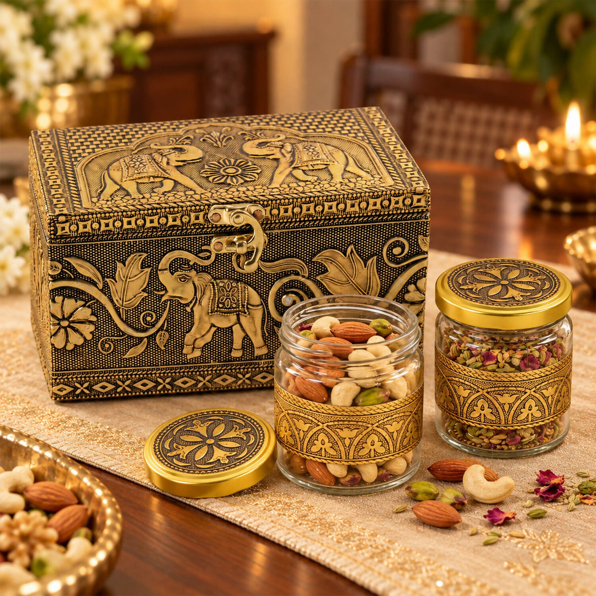 Antique Elephant Dry Fruit Box Set with Glass Jars for Premium Festive Gift Hamper
