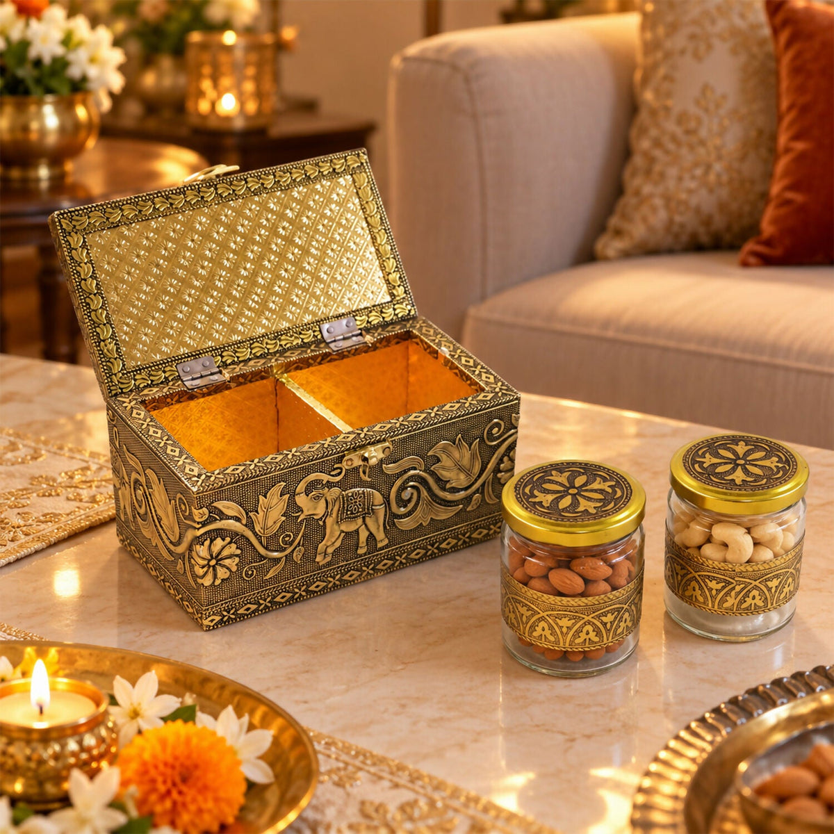 Antique Elephant Dry Fruit Box Set with Glass Jars for Premium Festive Gift Hamper