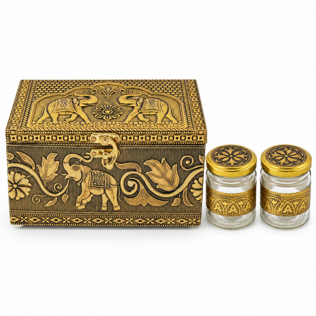 Antique Elephant Dry Fruit Box Set with Glass Jars for Premium Festive Gift Hamper