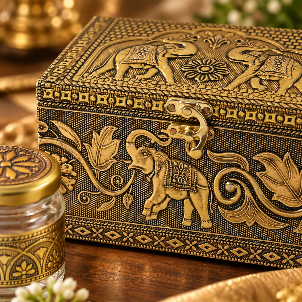 Antique Elephant Dry Fruit Box Set with Glass Jars for Premium Festive Gift Hamper
