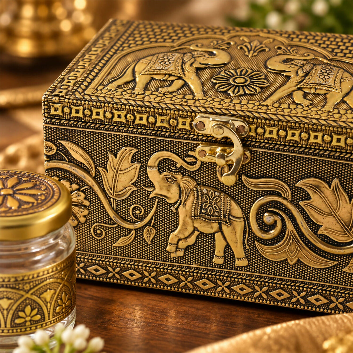 Antique Elephant Dry Fruit Box Set with Glass Jars for Premium Festive Gift Hamper