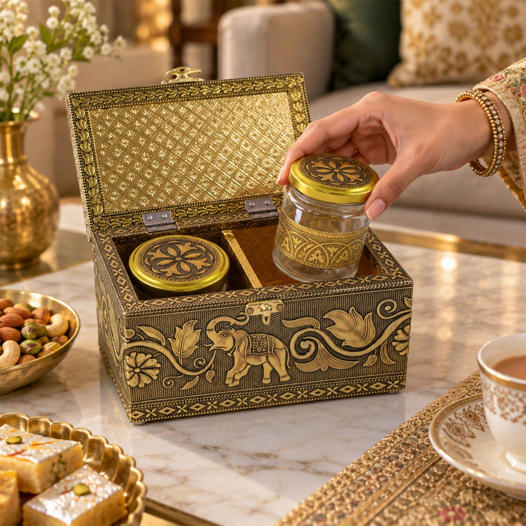 Antique Elephant Dry Fruit Box Set with Glass Jars for Premium Festive Gift Hamper