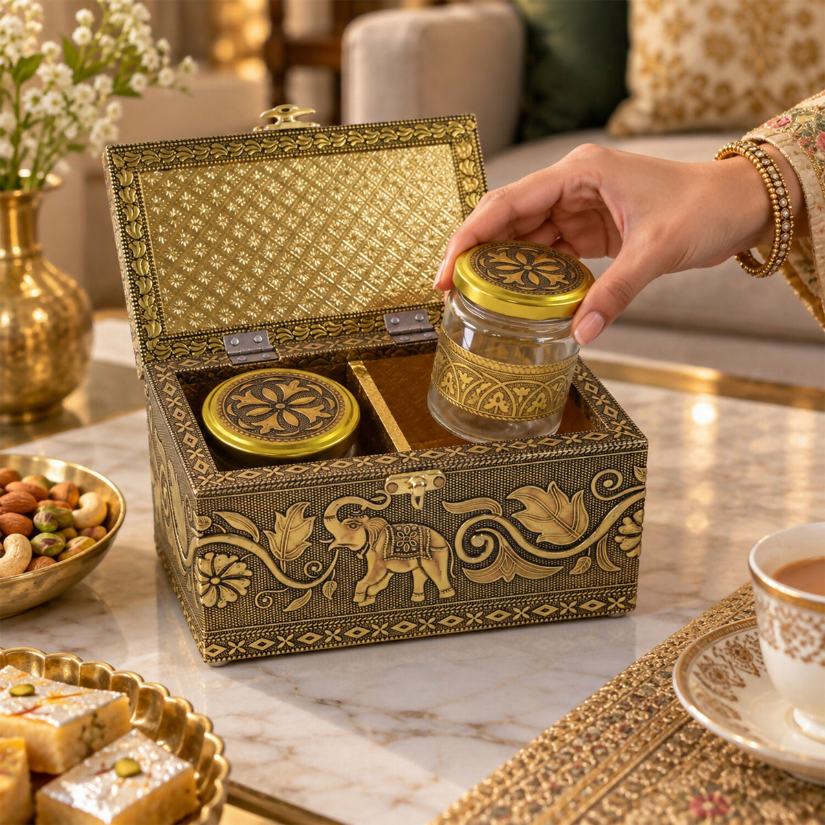 Antique Elephant Dry Fruit Box Set with Glass Jars for Premium Festive Gift Hamper