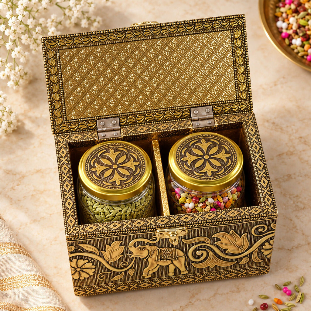 Antique Elephant Dry Fruit Box Set with Glass Jars for Premium Festive Gift Hamper