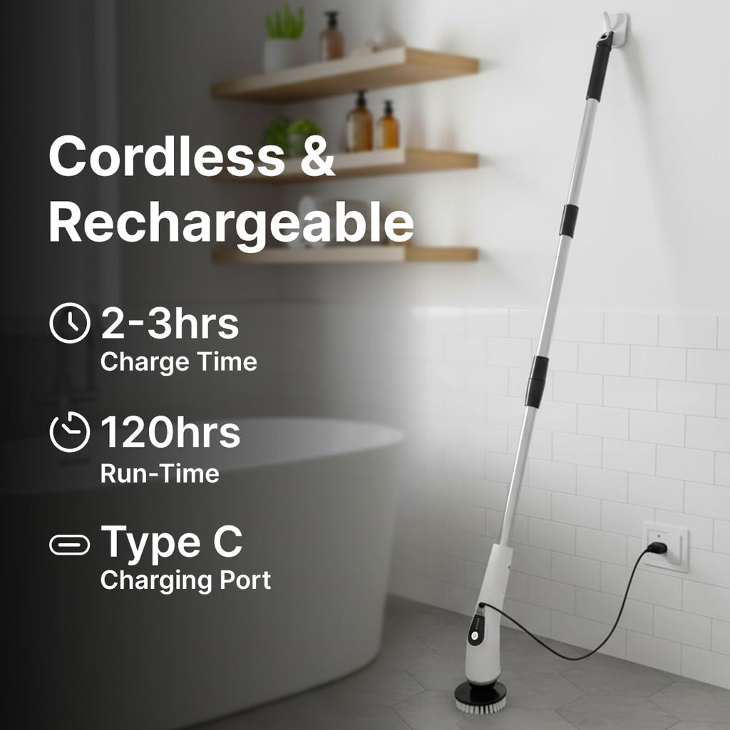 EaseMate Scrubber X1, Electric Spin Scrubber w/ 5 Adjustable Speeds, Cleaning Brush Scrubber for Home, 400RPM/min, 120 min Run Time, 8 Replaceable Brush Heads for Bathroom, Floor Tiles (White)