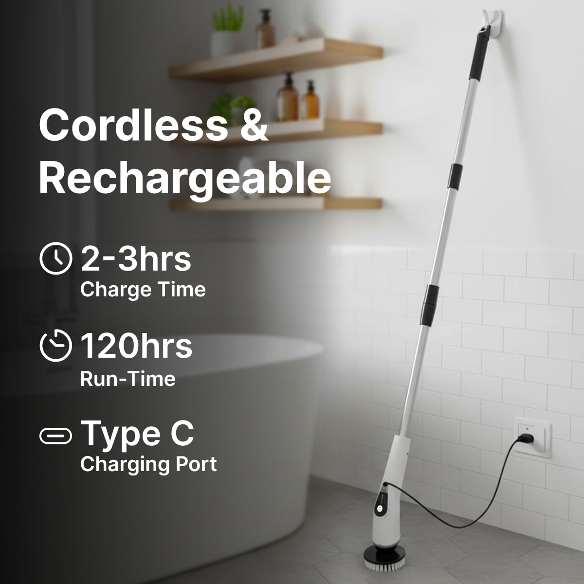 EaseMate Scrubber X1, Electric Spin Scrubber w/ 5 Adjustable Speeds, Cleaning Brush Scrubber for Home, 400RPM/min, 120 min Run Time, 8 Replaceable Brush Heads for Bathroom, Floor Tiles (White)
